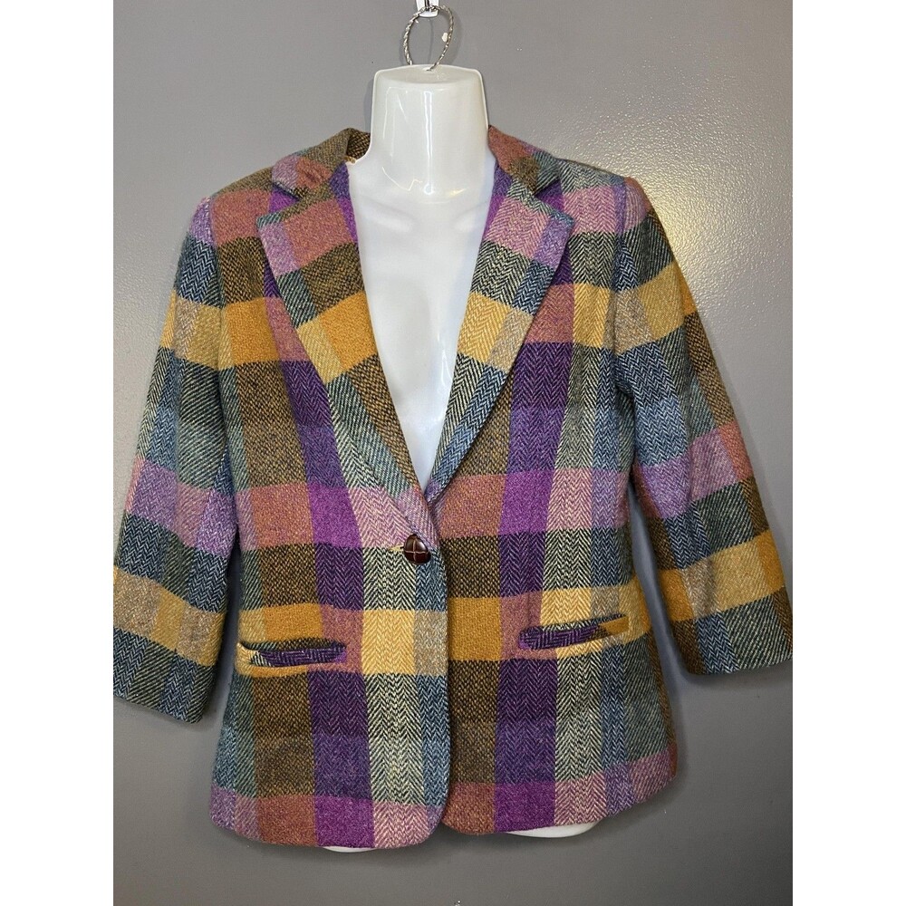 CAbi Blazer Womens 2 Multicolor Plaid Wool Blend 3/4 Sleeve Lined Jacket - Picture 2 of 9